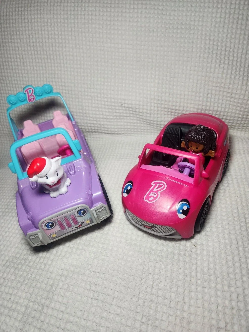Little People Barbie Pink Convertible Car and Purple Jeep W/ 2 Barbie Figures